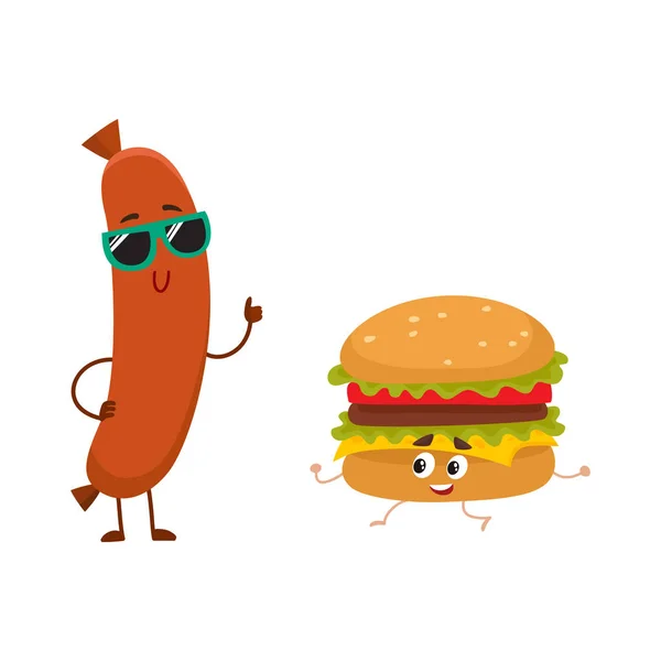 Komik gülümseyen sosis ve hamburger karakterler, lokanta kavramı — Stok Vektör