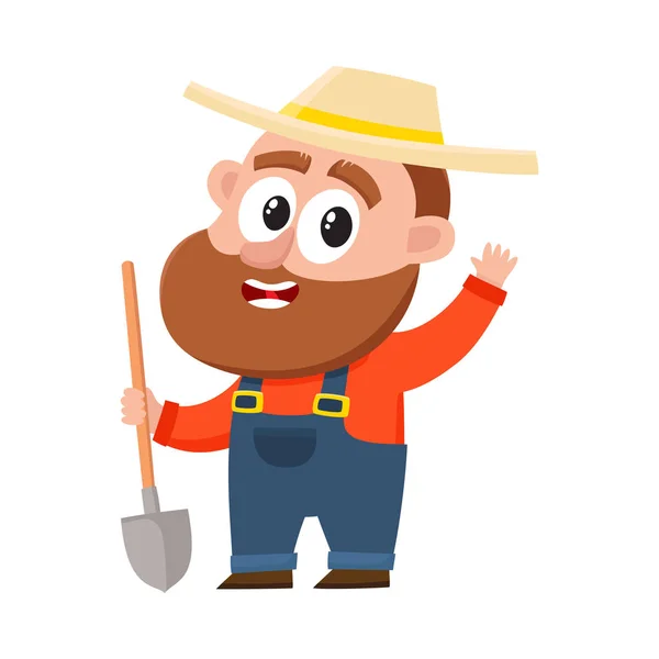 Two funny farmer characters in overalls, holding shovel, hayfork Stock