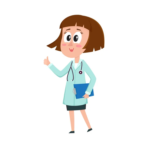 Comic femenino, personaje médico mujer con corte de pelo bob sujetapapeles — Vector de stock