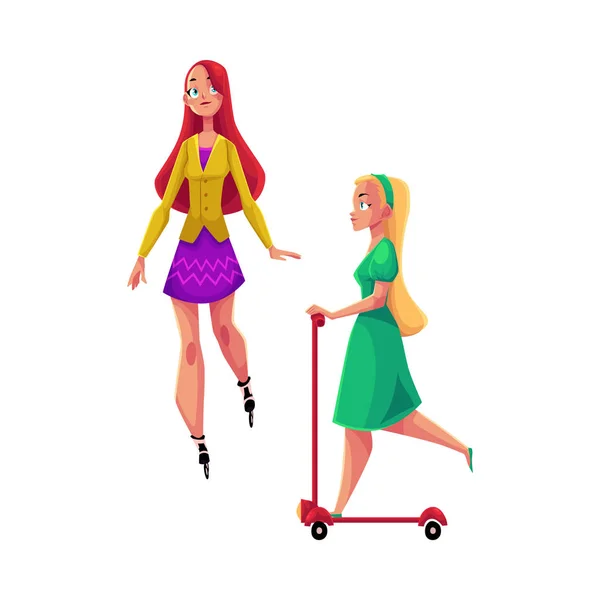 Dos chicas, mujeres, un patinaje sobre ruedas, otro patinete scooter — Vector de stock