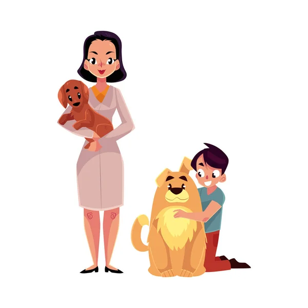 Donna, veterinaria, veterinario e bambino con cani — Vettoriale Stock
