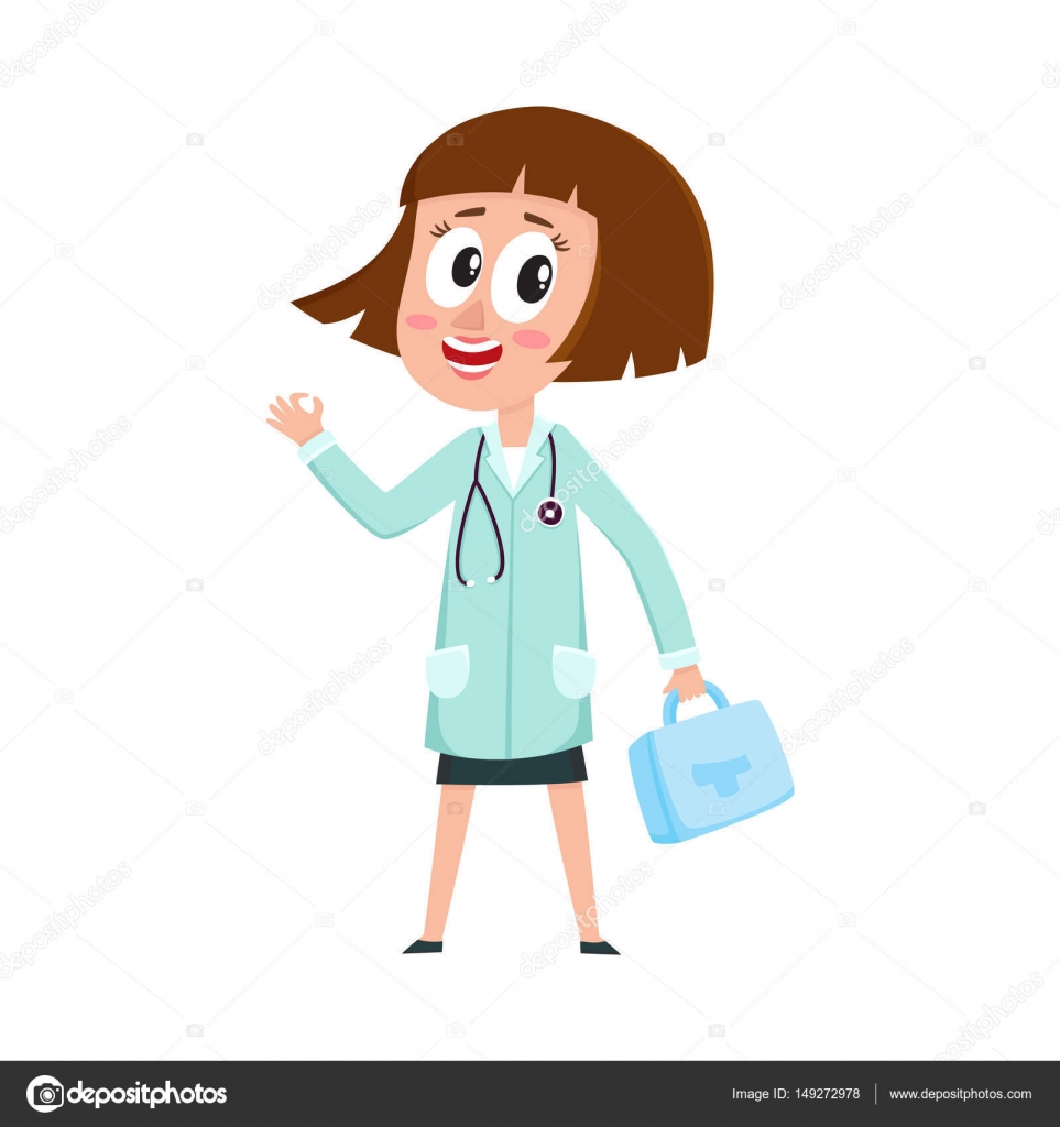 Um personagem de desenho animado médico feminino em fundo branco