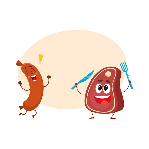 Смешные счастливые персонажи колбасы и мясных стейков, концепция быстрого питания — стоковый вектор