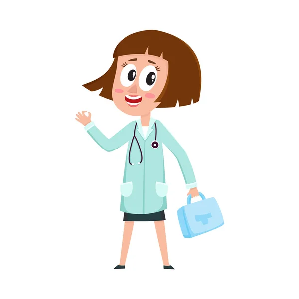Comic donna medico personaggio in possesso di kit di pronto soccorso, scatola medica — Vettoriale Stock