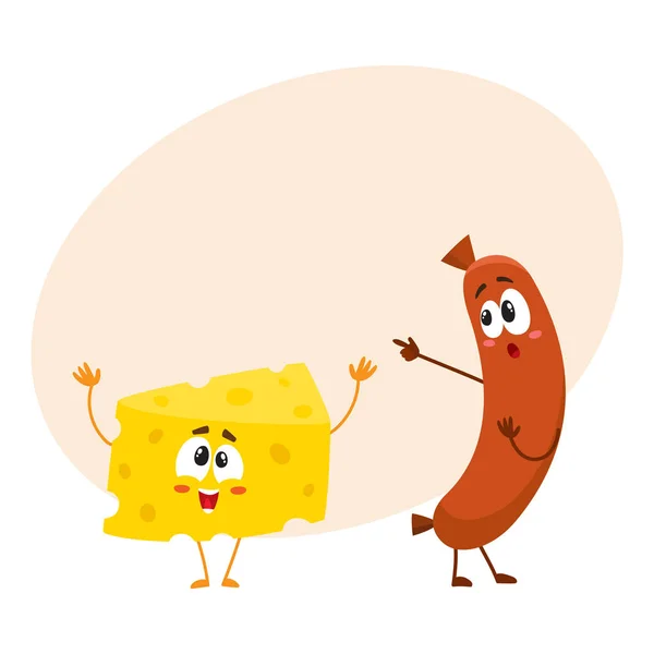 Embarrassé caractère de saucisse frankfurter pointant vers morceau de fromage drôle — Image vectorielle