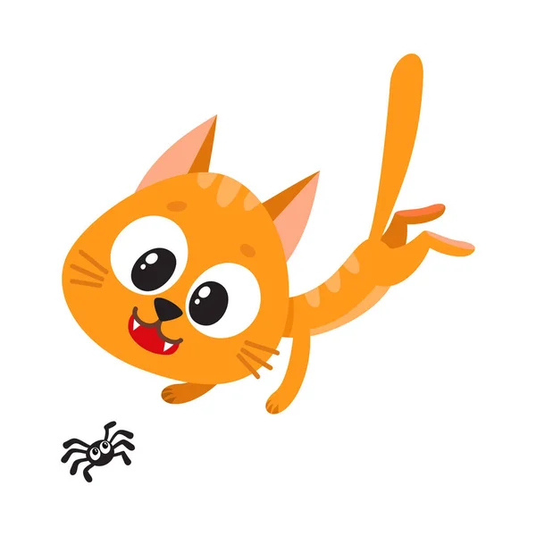 かわいいと面白い赤猫文字を追いかけて、ハンティング、小さなクモと遊んで — ストックベクタ