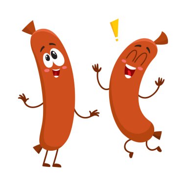 two funny sausage character with human face running, jumping excitedly clipart