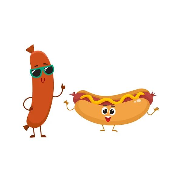 Saucisses souriantes drôles et personnages de hot-dog, concept de restauration rapide — Image vectorielle