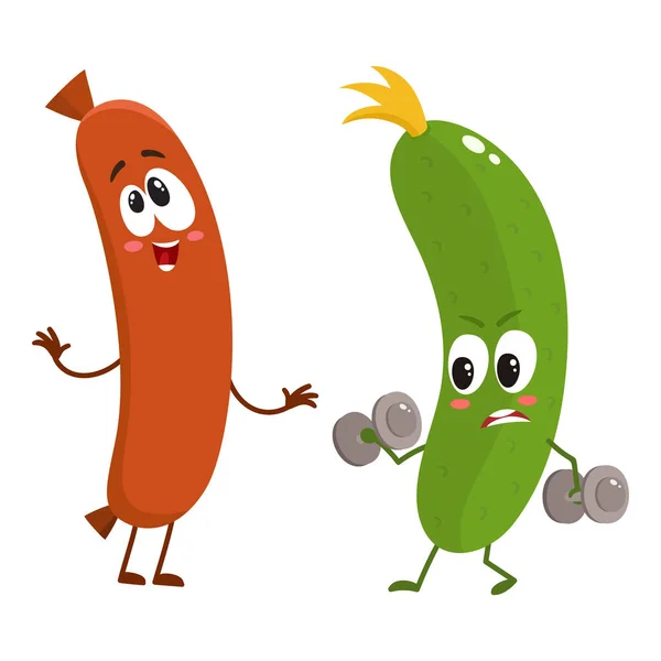 Personajes divertidos de comida, calabacín versus salchicha, concepto de estilo de vida saludable — Vector de stock