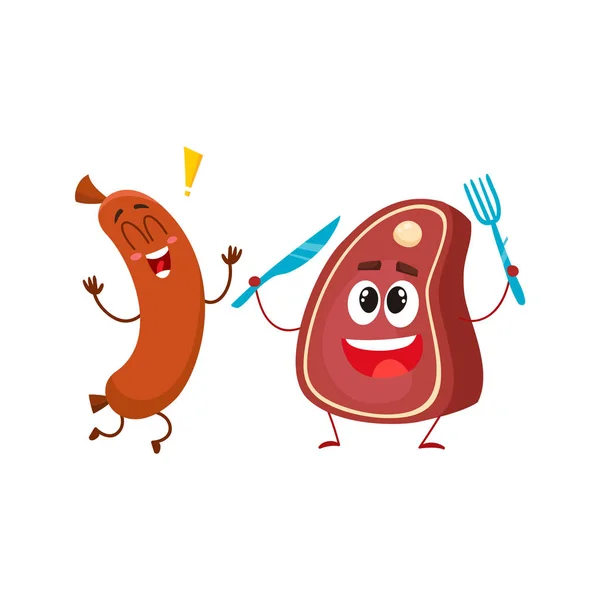 Смешные счастливые персонажи колбасы и мясных стейков, концепция быстрого питания — стоковый вектор