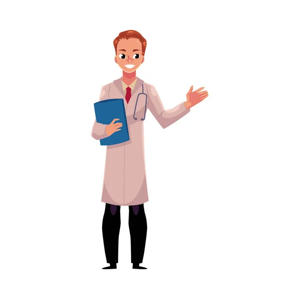 Médico masculino em casaco médico segurando estetoscópio e pasta de documentos — Vetor de Stock