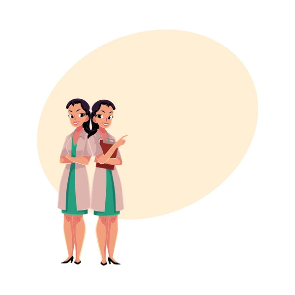 Дві жінки-лікарі в медичних халатах стоять разом — стоковий вектор