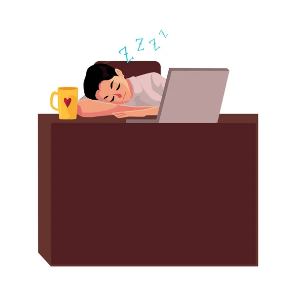Бізнесмен, менеджер солодко спить за офісним столом, завантажуючись на робочому місці — стоковий вектор