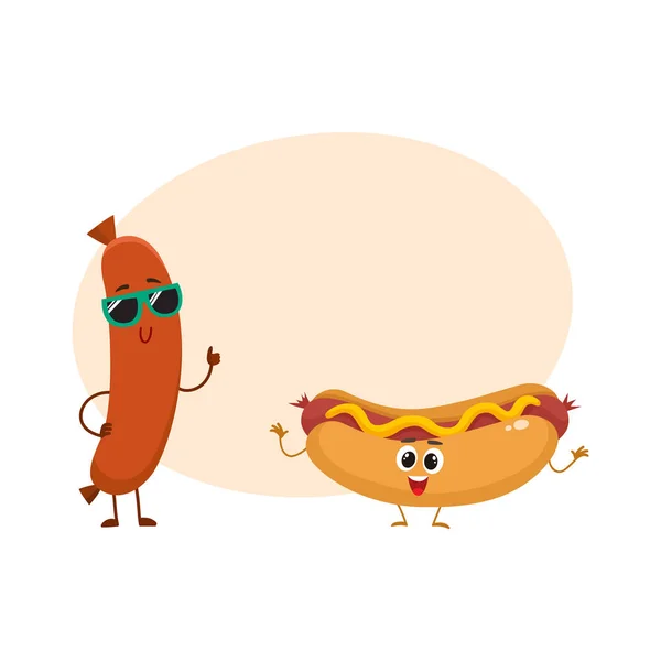 Saucisses souriantes drôles et personnages de hot-dog, concept de restauration rapide — Image vectorielle