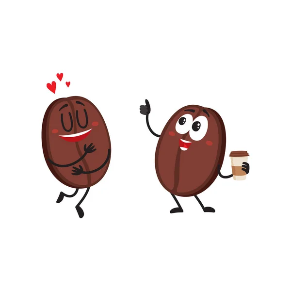 Due divertenti personaggi chicco di caffè, mostrando amore, dando pollice in su — Vettoriale Stock