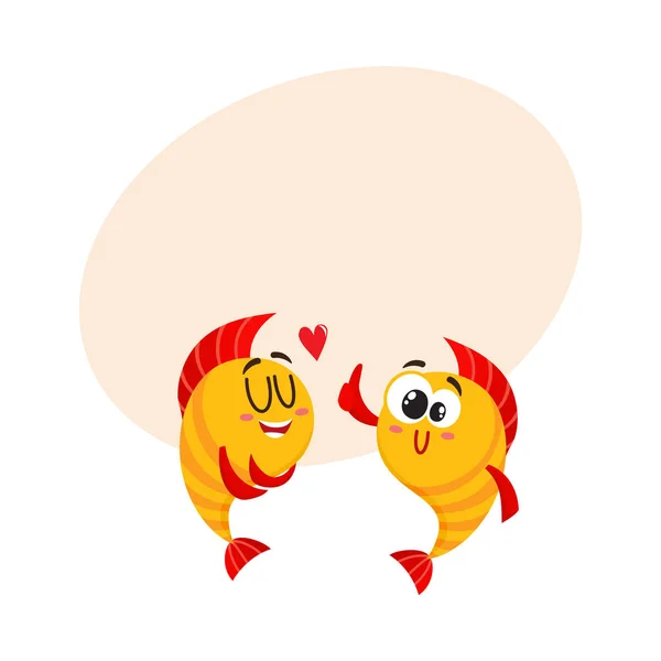 Zwei goldene Fischfiguren, die Liebe zeigen, den Daumen nach oben geben — Stockvektor