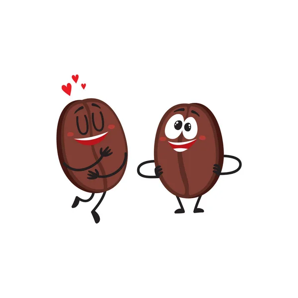Due divertenti personaggi chicco di caffè, mostrando amore, braccia akimbo — Vettoriale Stock