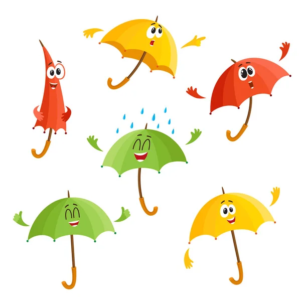 Cute, funny umbrella characters with human face showing different emotions — Stock Vector