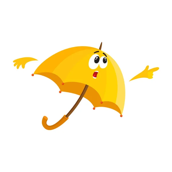 Funny umbrella character with human face surprised, pointing to something — Stock Vector
