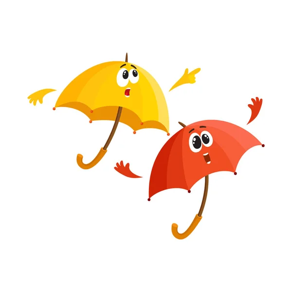 Twee tekens van de paraplu - verwijst naar iets met vinger en verrast — Stockvector