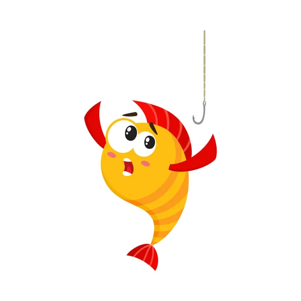 Смешной золотой, желтый рыбный персонаж с человеческим лицом боится рыболовного крючка — стоковый вектор