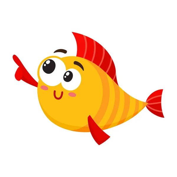 Śmieszne uśmiecha się Złotego, żółta ryba znak wskazujący i patrząc na coś — Wektor stockowy