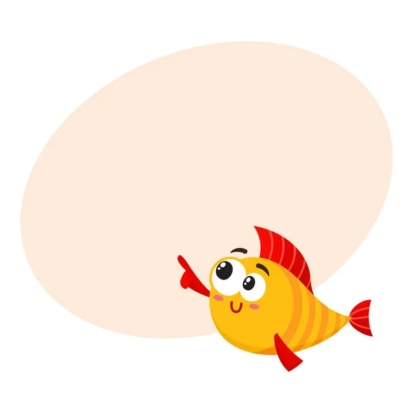 Lustig lächelnd goldener, gelber Fischcharakter, der auf etwas zeigt und schaut — Stockvektor