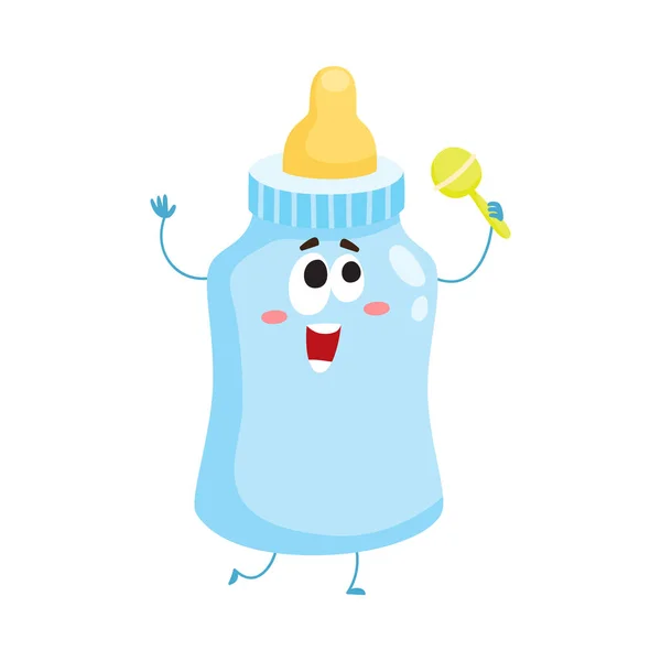 Vicces baba tejet, cumisüveg karakter, csörgő játék mascot — Stock Vector