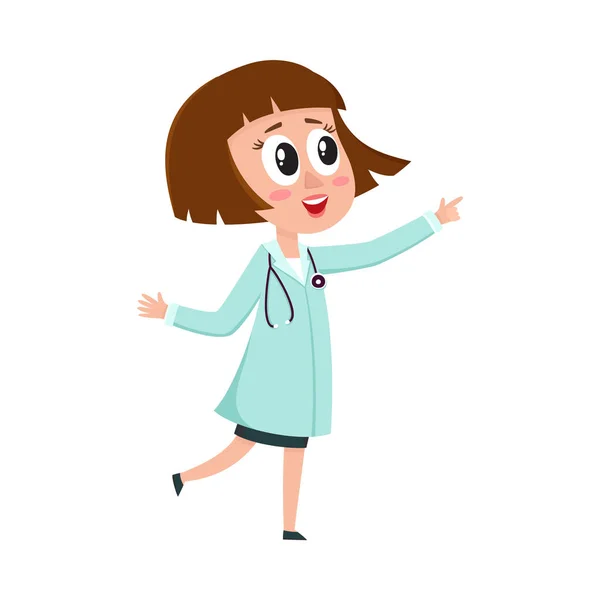 Comico personaggio medico donna indossa cappotto medico, indicando qualcosa — Vettoriale Stock