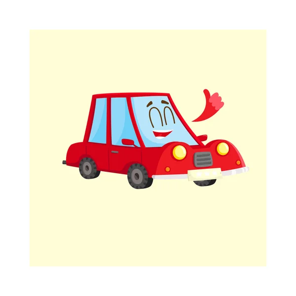 Carino e divertente auto rossa, personaggio auto mostrando pollice in su — Vettoriale Stock