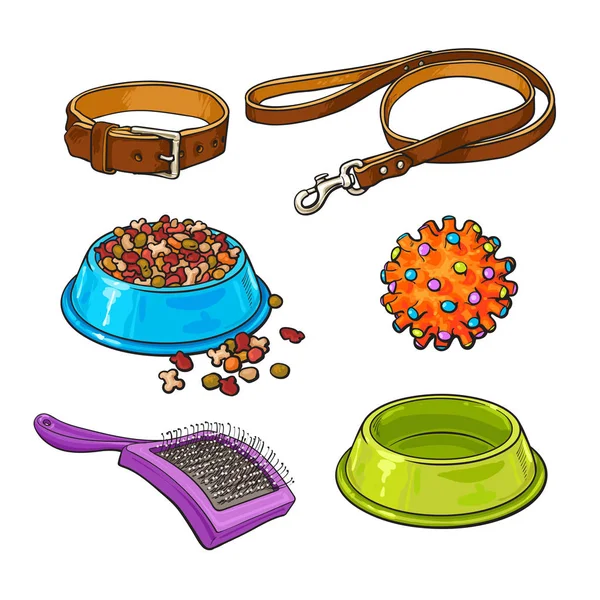 Mascotas, gatos, accesorios para perros - bowl, collar, correa, pelota de goma, cepillo de pelo — Archivo Imágenes Vectoriales