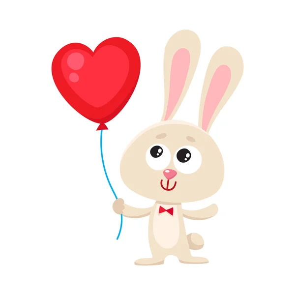 Słodkie i zabawne królik, królik trzymając czerwone serce kształcie balon — Wektor stockowy