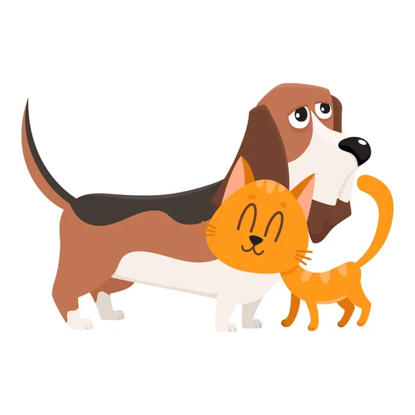 Basset cão de caça e gato vermelho, personagens gatinho, conceito de amizade — Vetor de Stock