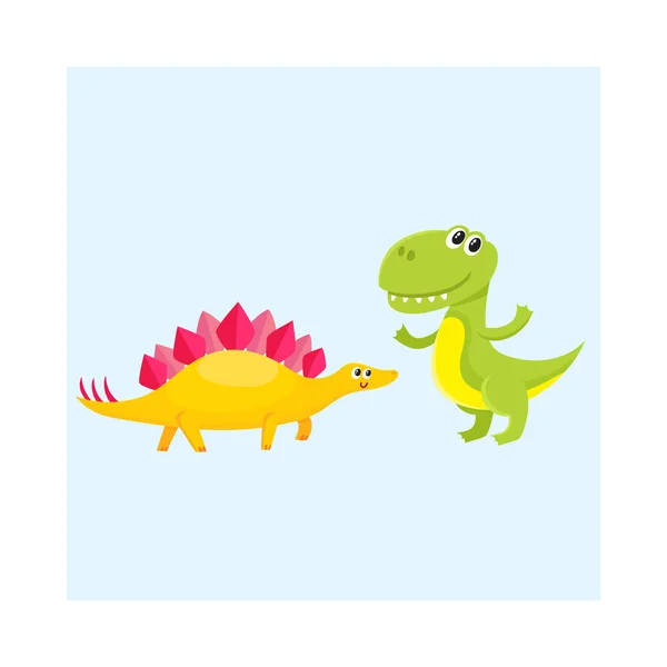 Deux personnages mignons et drôles de bébés dinosaures - stegosaurus et tyrannosaurus — Image vectorielle