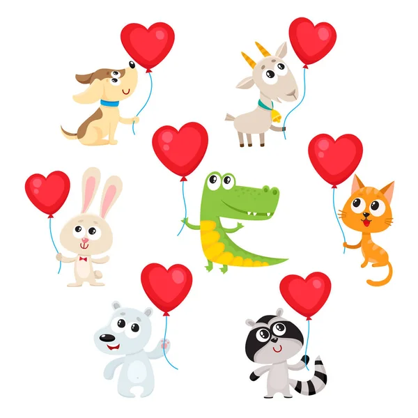 Lindos y divertidos animales bebé sosteniendo globos en forma de corazón rojo — Vector de stock