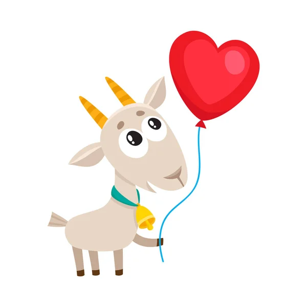 Carino e divertente capra tenendo palloncino a forma di cuore rosso — Vettoriale Stock