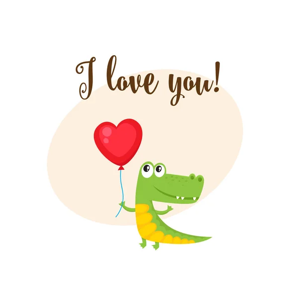 Te amo tarjeta con cocodrilo sosteniendo globo en forma de corazón — Archivo Imágenes Vectoriales