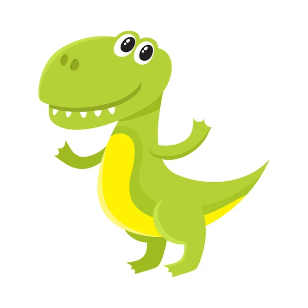 Aranyos és vicces mosolygós baba tyrannosaurus, dinoszaurusz karakter, dekorációs elem — Stock Vector