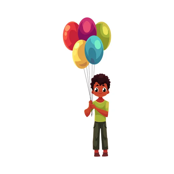 Kleiner schwarzer, afrikanisch-amerikanischer Junge mit einem Strauß Geburtstagsballons — Stockvektor