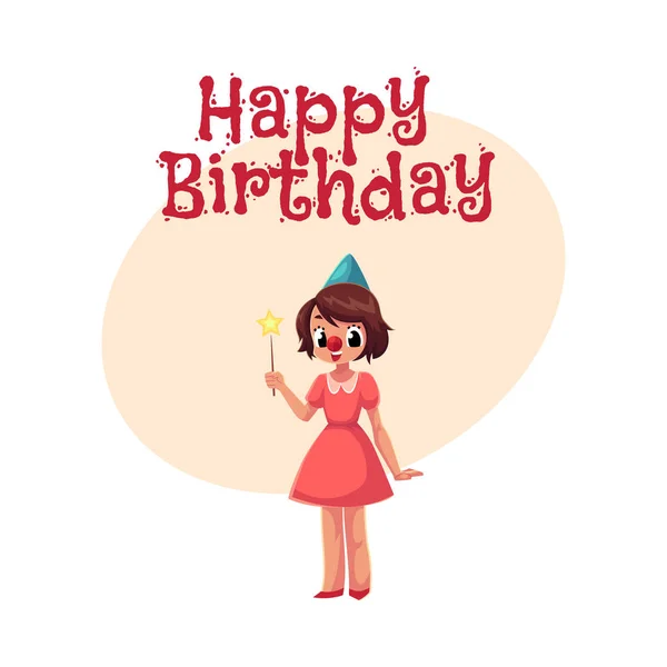 Girl celebrating birthday, holding star stick, wearing clown red nose