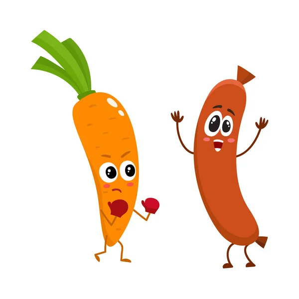 Personajes de comida graciosos, zanahoria versus salchicha, concepto de estilo de vida saludable — Vector de stock