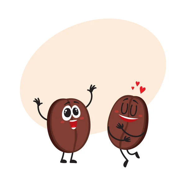 Два смешных персонажа кофейных зерен, показывающие любовь, благоговение и восторг — стоковый вектор