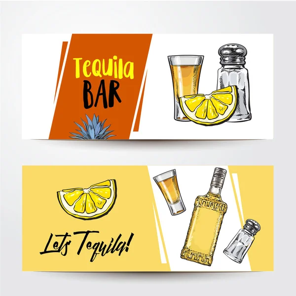 Banners con la botella de tequila, tiro, limón, sal, lugar para el texto — Vector de stock