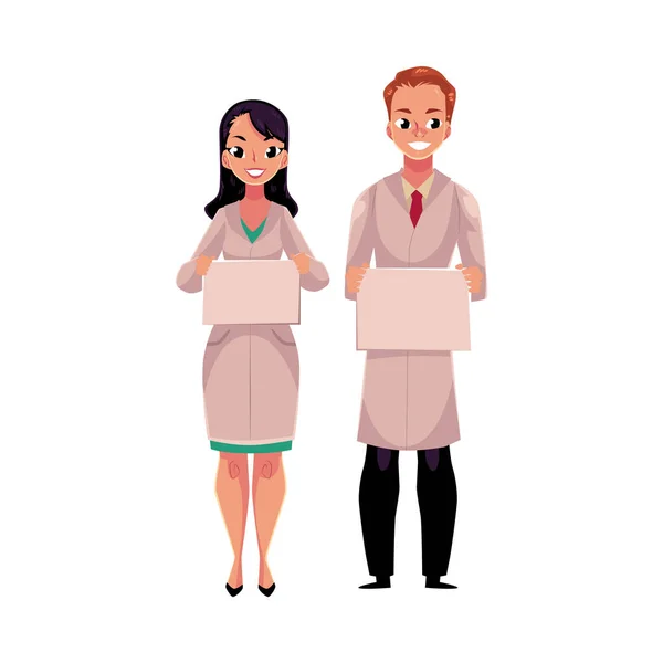 Médecins masculins et féminins en manteau médical tenant signe vierge — Image vectorielle