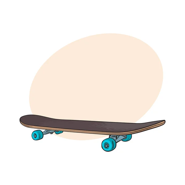 Černá 90s styl skateboard, skica ilustrace izolované na bílém pozadí — Stockový vektor