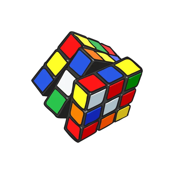 Quebra-cabeça colorido combinação cubo 3D dos anos 90, ilustração estilo esboço — Vetor de Stock
