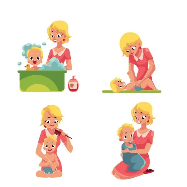 Mãe bebê lavando no banho, colocando fralda, pentear o cabelo —  Vetores de Stock