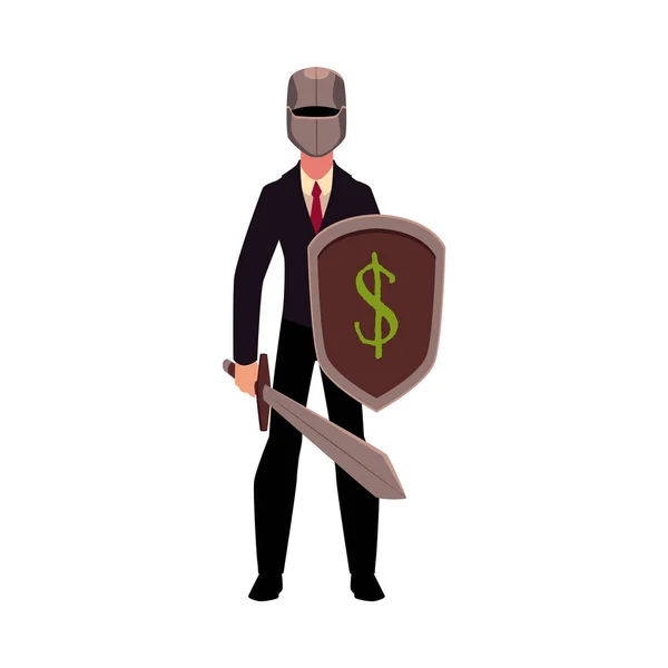 Empresario como caballero en casco de metal sosteniendo espada y escudo — Vector de stock