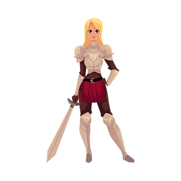 Όμορφη ξανθιά γυναίκα ντυμένη σαν μεσαιωνικό Ιππότης που κρατάει σπαθί — Διανυσματικό Αρχείο