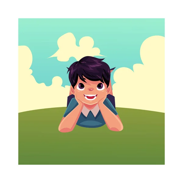 十几岁的男孩躺在草地上，暑假的黑头发 — 图库矢量图片
